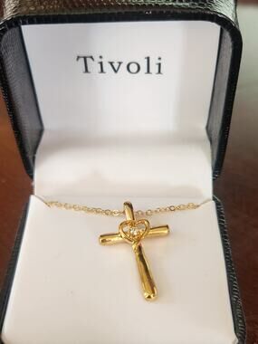 Tivoli Gold Tone Cross Heart Pendant Necklace Crystal Accent